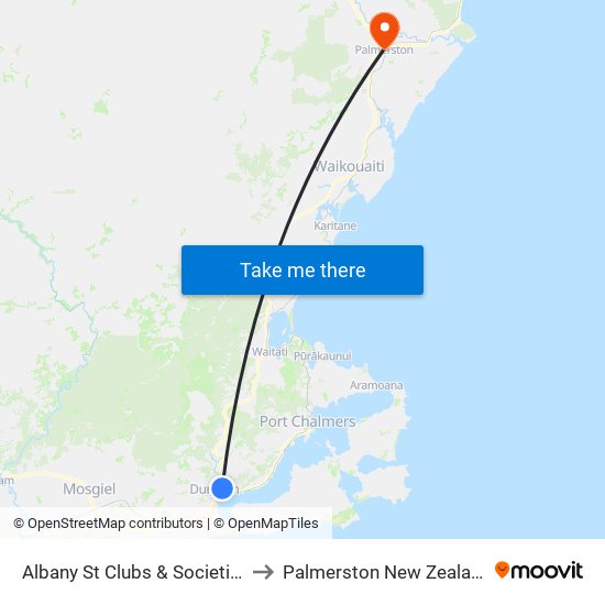 Albany St Clubs & Societies to Palmerston New Zealand map
