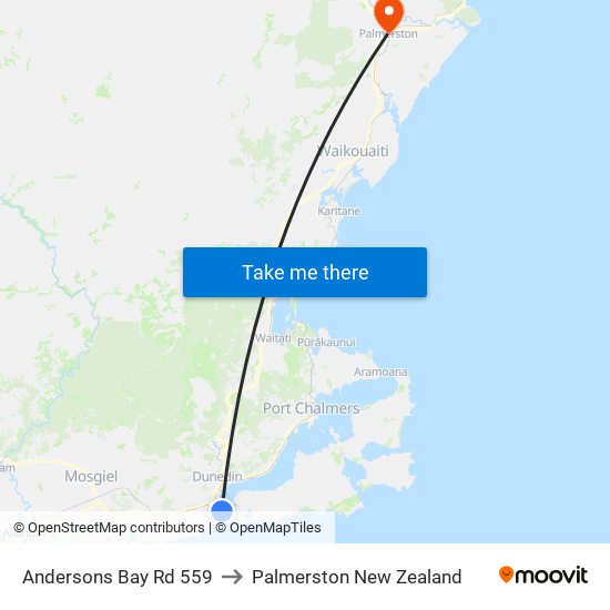 Andersons Bay Rd 559 to Palmerston New Zealand map