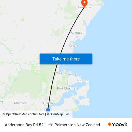 Andersons Bay Rd 521 to Palmerston New Zealand map