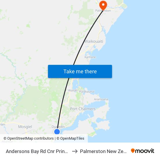 Andersons Bay Rd Cnr Princes St to Palmerston New Zealand map
