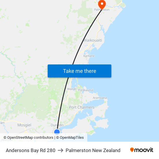 Andersons Bay Rd 280 to Palmerston New Zealand map