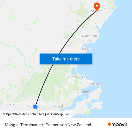 Mosgiel Terminus to Palmerston New Zealand map