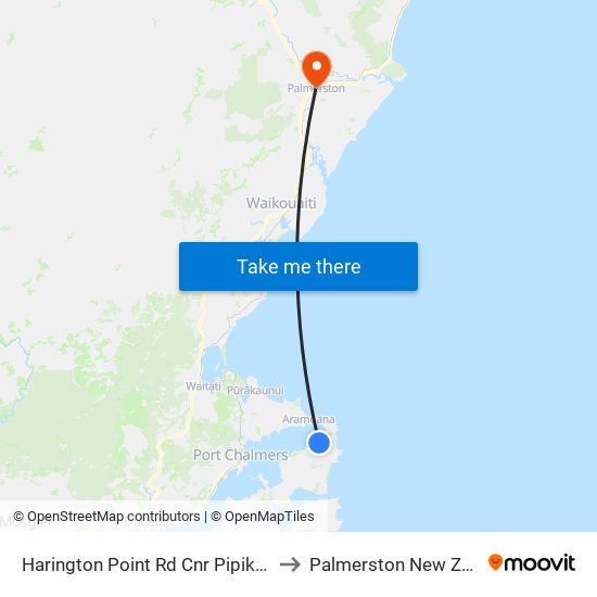 Harington Point Rd Cnr Pipikaretu Rd to Palmerston New Zealand map