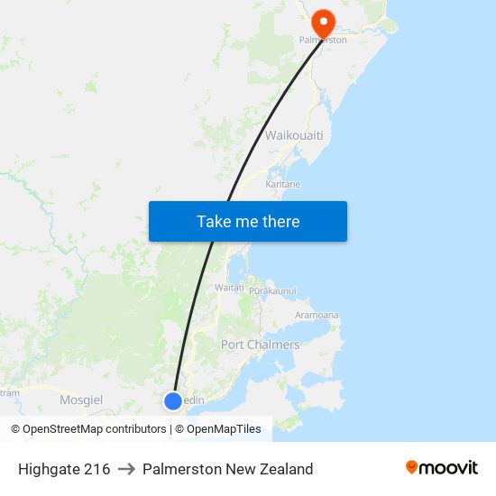 Highgate 216 to Palmerston New Zealand map