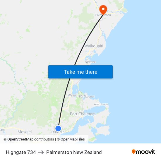 Highgate 734 to Palmerston New Zealand map