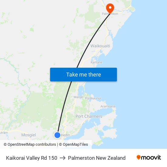 Kaikorai Valley Rd 150 to Palmerston New Zealand map