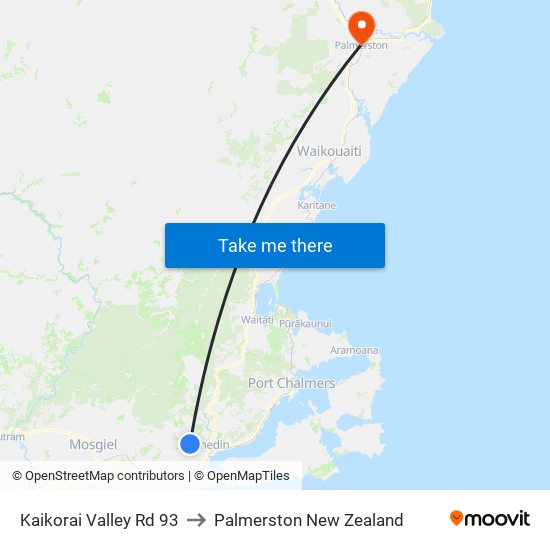 Kaikorai Valley Rd 93 to Palmerston New Zealand map