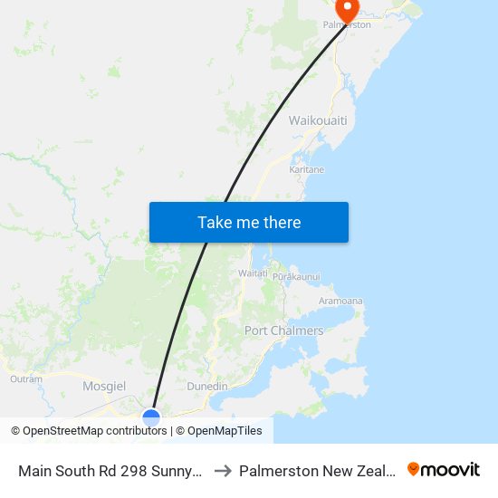 Main South Rd 298 Sunnyvale to Palmerston New Zealand map