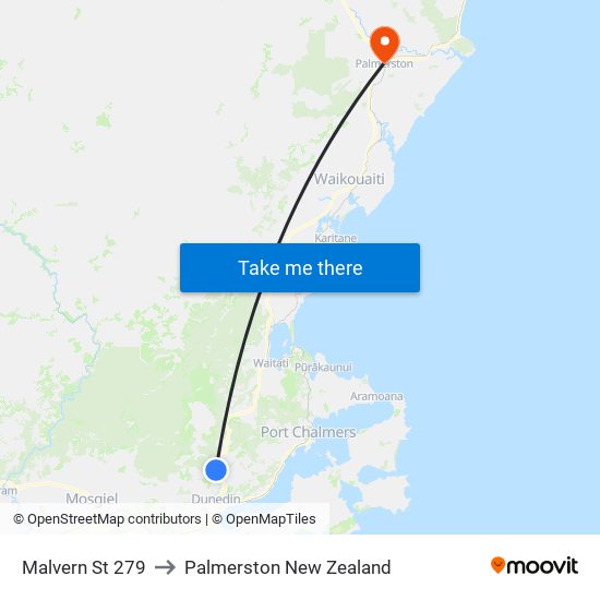Malvern St 279 to Palmerston New Zealand map