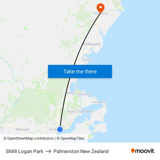 Sh88 Logan Park to Palmerston New Zealand map