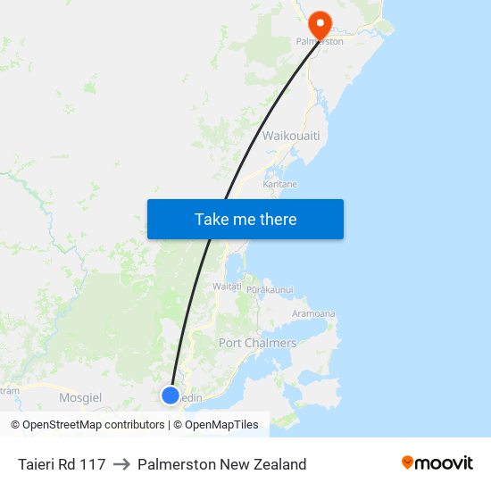 Taieri Rd 117 to Palmerston New Zealand map