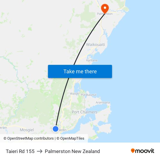 Taieri Rd 155 to Palmerston New Zealand map
