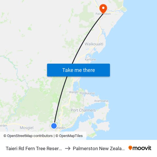 Taieri Rd Fern Tree Reserve to Palmerston New Zealand map