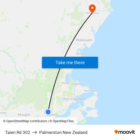 Taieri Rd 302 to Palmerston New Zealand map