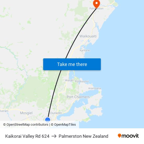 Kaikorai Valley Rd 624 to Palmerston New Zealand map