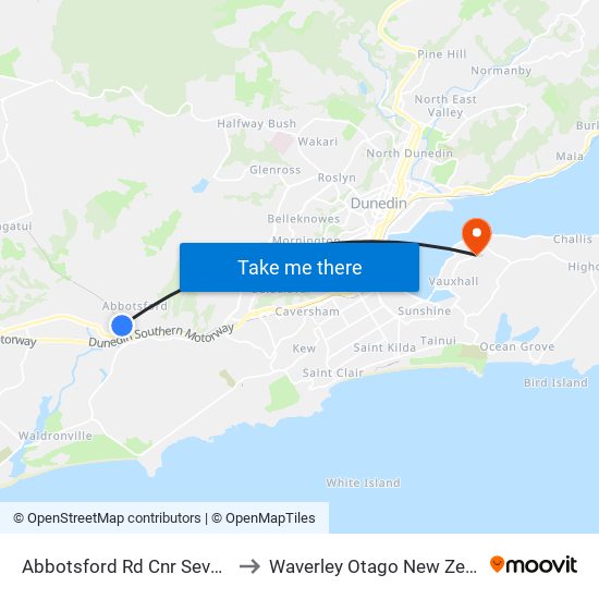 Abbotsford Rd Cnr Severn St to Waverley Otago New Zealand map