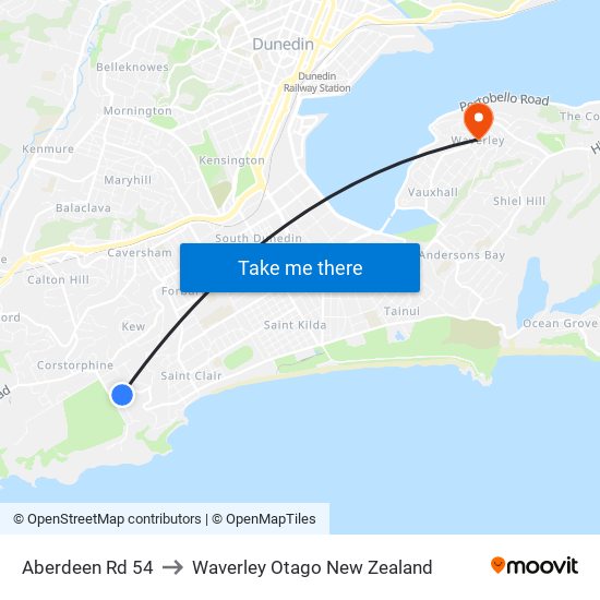 Aberdeen Rd 54 to Waverley Otago New Zealand map