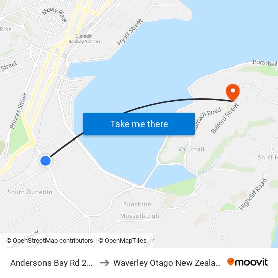 Andersons Bay Rd 280 to Waverley Otago New Zealand map