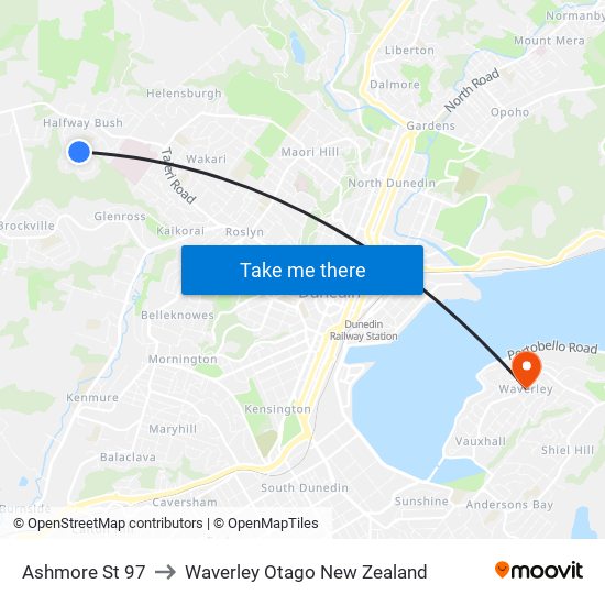 Ashmore St 97 to Waverley Otago New Zealand map