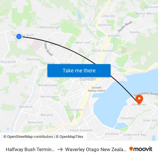 Halfway Bush Terminus to Waverley Otago New Zealand map