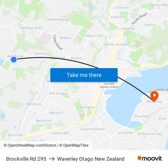 Brockville Rd 295 to Waverley Otago New Zealand map