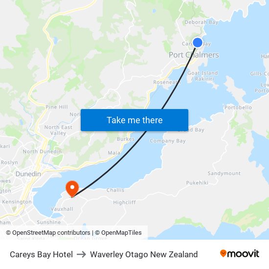 Careys Bay Hotel to Waverley Otago New Zealand map