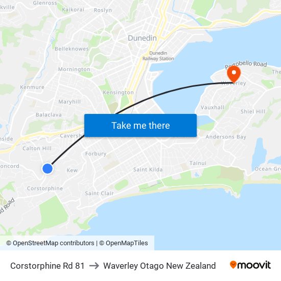 Corstorphine Rd 81 to Waverley Otago New Zealand map