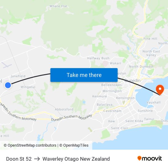 Doon St 52 to Waverley Otago New Zealand map