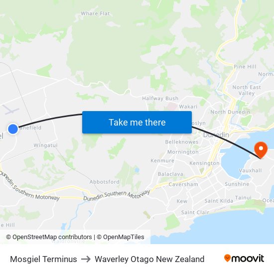 Mosgiel Terminus to Waverley Otago New Zealand map