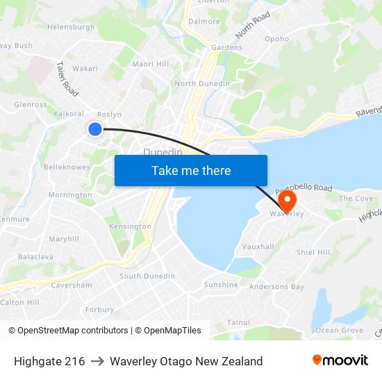 Highgate 216 to Waverley Otago New Zealand map