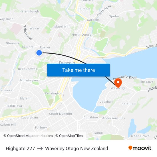 Highgate 227 to Waverley Otago New Zealand map