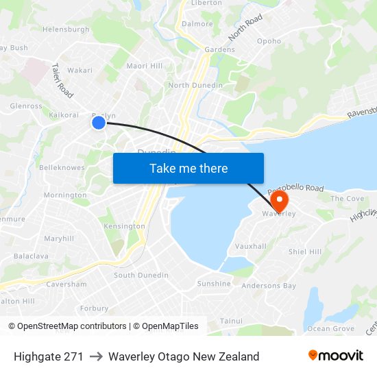Highgate 271 to Waverley Otago New Zealand map