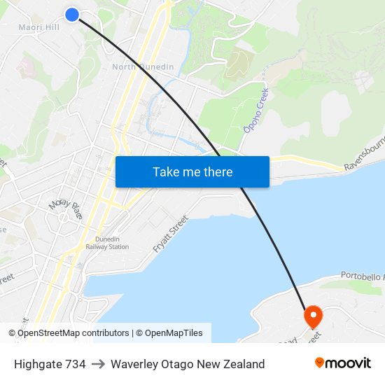 Highgate 734 to Waverley Otago New Zealand map