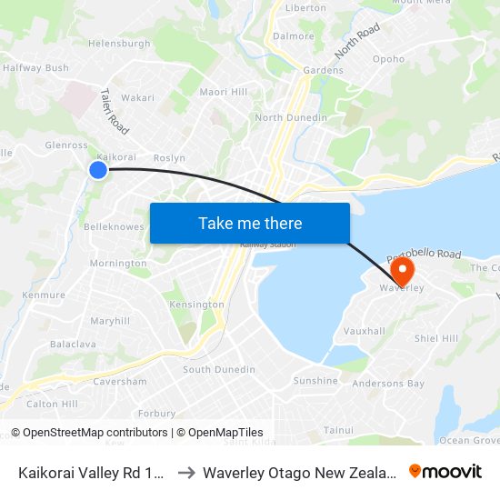 Kaikorai Valley Rd 150 to Waverley Otago New Zealand map