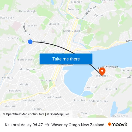 Kaikorai Valley Rd 47 to Waverley Otago New Zealand map