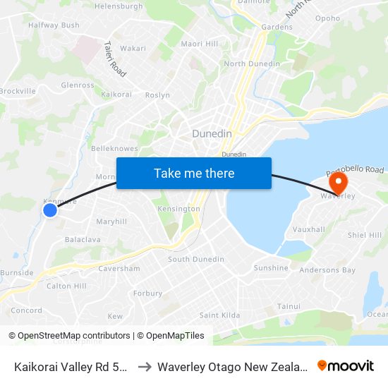 Kaikorai Valley Rd 513 to Waverley Otago New Zealand map
