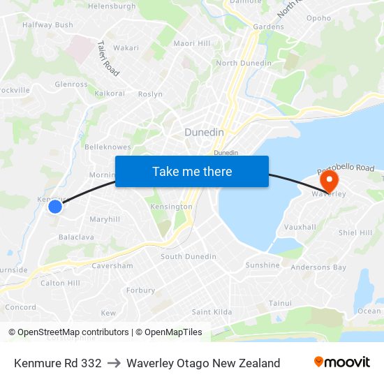 Kenmure Rd 332 to Waverley Otago New Zealand map