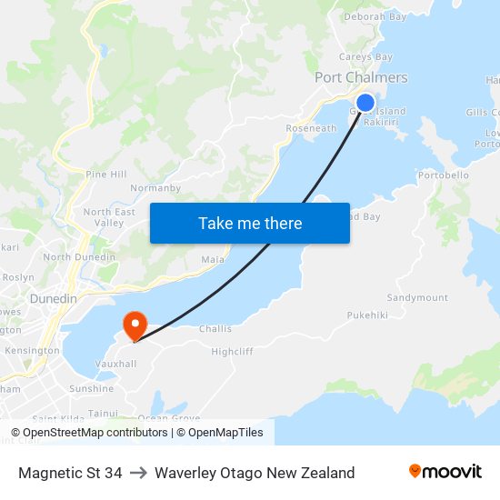 Magnetic St 34 to Waverley Otago New Zealand map
