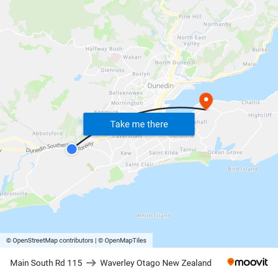 Main South Rd 115 to Waverley Otago New Zealand map