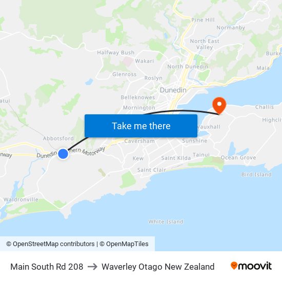 Main South Rd 208 to Waverley Otago New Zealand map