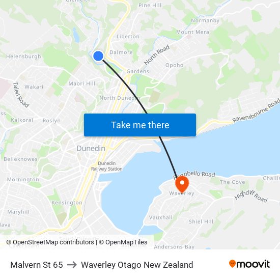 Malvern St 65 to Waverley Otago New Zealand map
