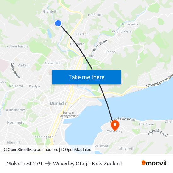 Malvern St 279 to Waverley Otago New Zealand map