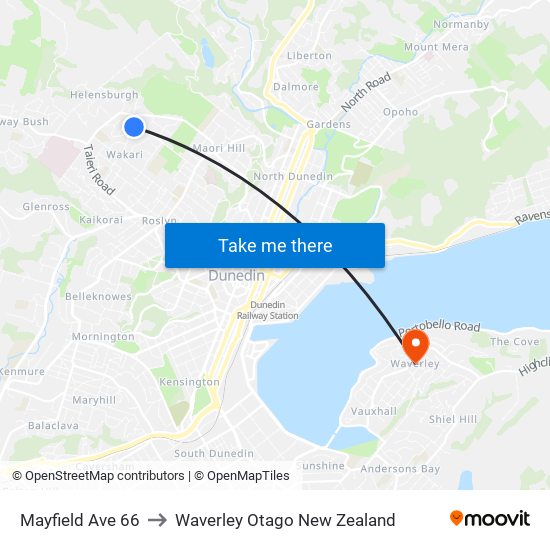 Mayfield Ave 66 to Waverley Otago New Zealand map