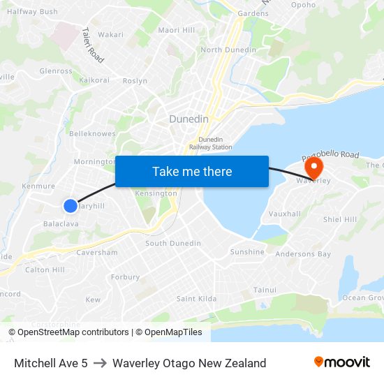 Mitchell Ave 5 to Waverley Otago New Zealand map