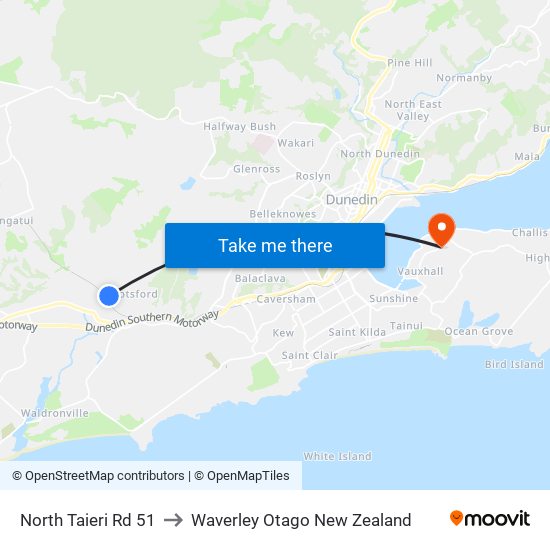North Taieri Rd 51 to Waverley Otago New Zealand map