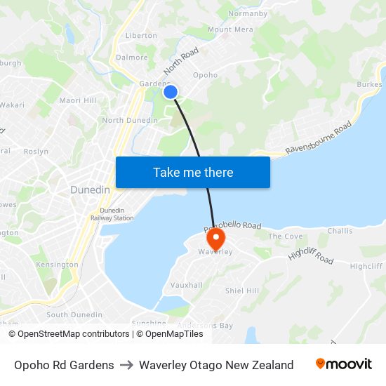 Opoho Rd Gardens to Waverley Otago New Zealand map