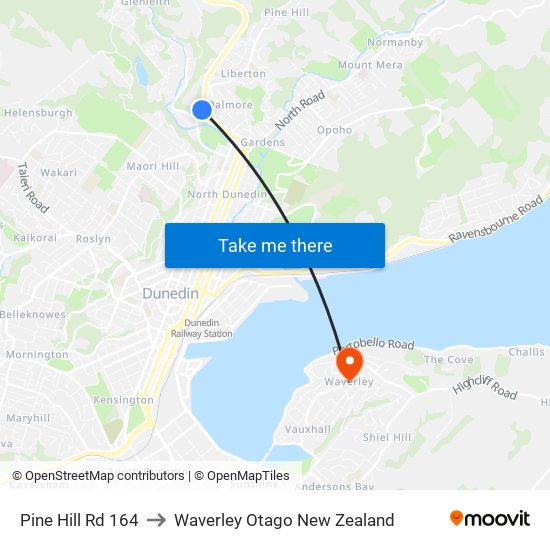 Pine Hill Rd 164 to Waverley Otago New Zealand map