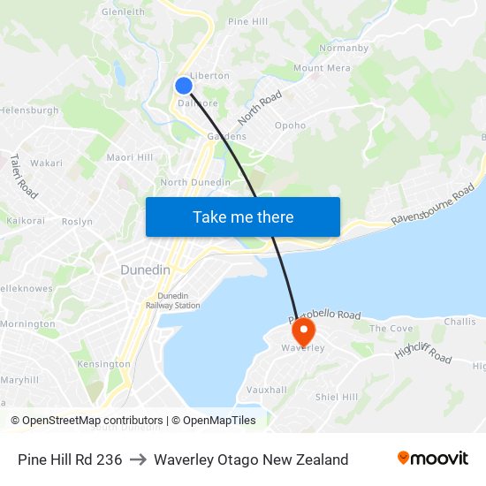 Pine Hill Rd 236 to Waverley Otago New Zealand map