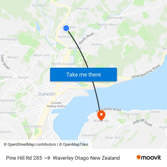 Pine Hill Rd 285 to Waverley Otago New Zealand map