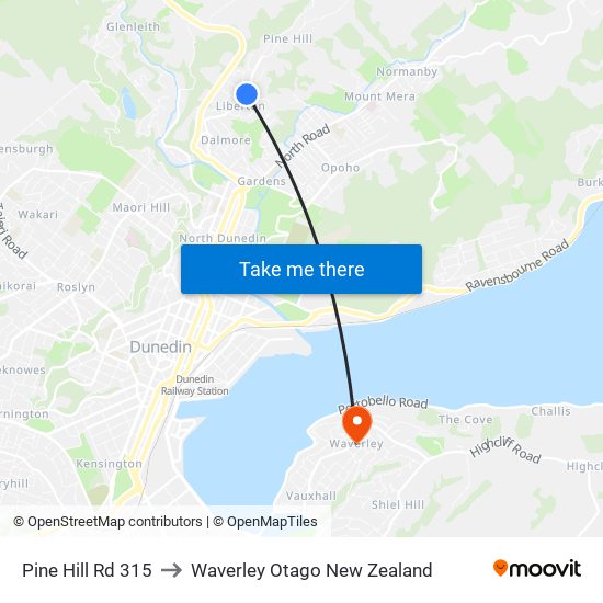Pine Hill Rd 315 to Waverley Otago New Zealand map